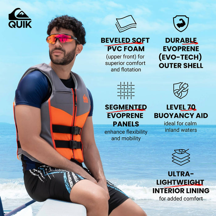 QUIKSILVER Men's Life Vest, USCG and Transport Canada Approved Life Jacket, Evoprene PFD, Personal Flotation Device Level 70 Buoyancy Aid for Boating Fishing Kayaking Water Sports