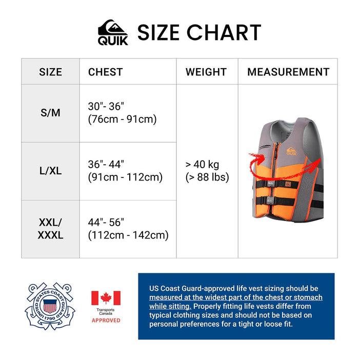 QUIKSILVER Men's Life Vest, USCG and Transport Canada Approved Life Jacket, Evoprene PFD, Personal Flotation Device Level 70 Buoyancy Aid for Boating Fishing Kayaking Water Sports