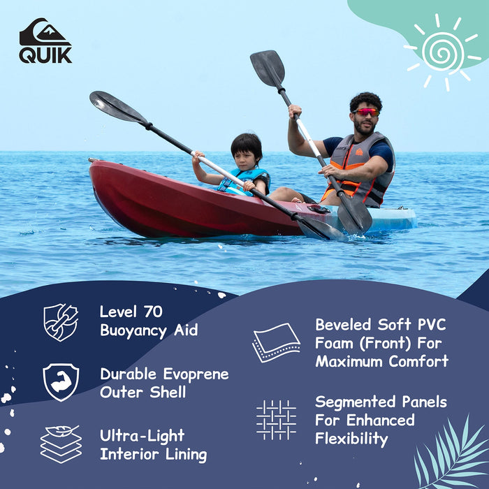 QUIKSILVER Youth Life Vest, USCG and Transport Canada Approved Life Jacket, Evoprene PFD, Personal Flotation Device Level 70 Buoyancy Aid for Teen Boys, Boating Fishing Kayaking Water Sports