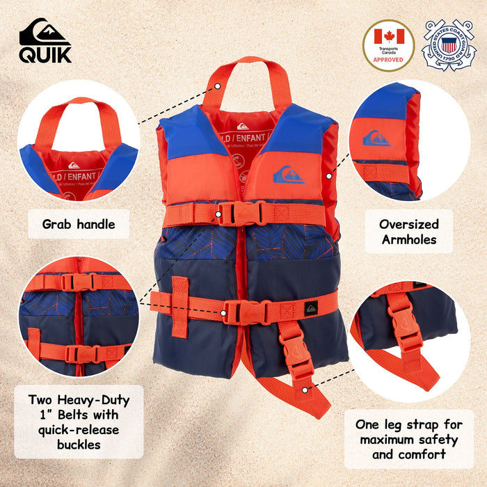 QUIKSILVER USCG Approved Life Vest for Children, Lightweight EPE Foam & Durable Quick-Release Buckles, Leg Strap and Grab Handle for Security, Fishing & Boating