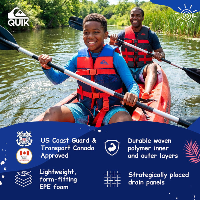 QUIKSILVER USCG Approved Life Vest for Children, Lightweight EPE Foam & Durable Quick-Release Buckles, Leg Strap and Grab Handle for Security, Fishing & Boating