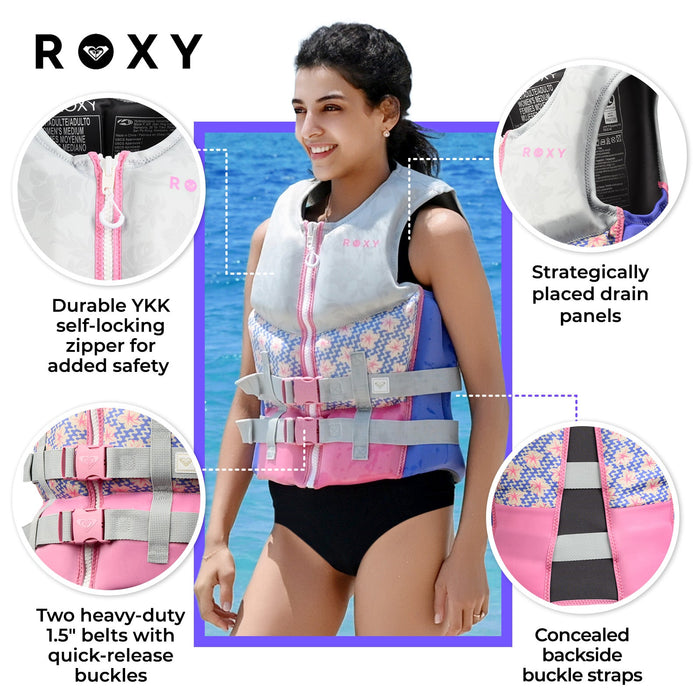 ROXY Women's Life Vest, USCG and Transport Canada Approved PFD, Evoprene CGA Life Jacket, Personal Flotation Device for Jet Skiing Wakeboarding Rafting Sailing Surfing Boating Water Sports