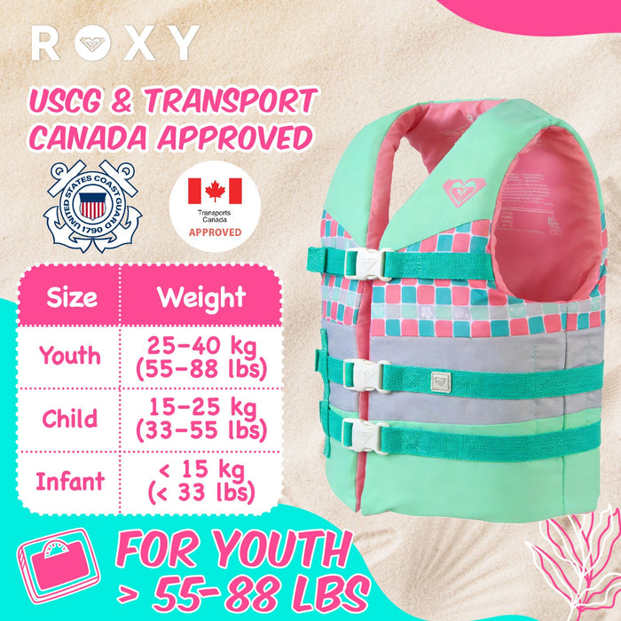 ROXY USCG Approved Teen & Youth Life Vest PFD, Light-Weight EPE Foam, Three Belts with Quick-Release Buckles for Fishing, Boating & Kayaking