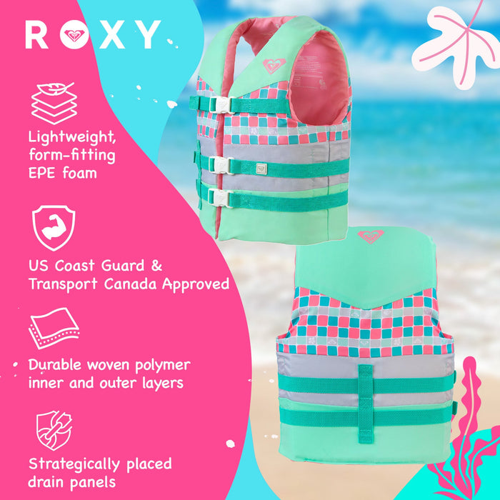 ROXY USCG Approved Teen & Youth Life Vest PFD, Light-Weight EPE Foam, Three Belts with Quick-Release Buckles for Fishing, Boating & Kayaking