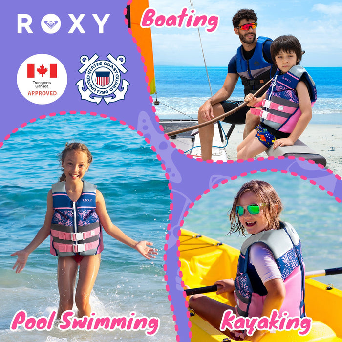 ROXY Youth Life Vest, USCG and Transport Canada Approved PFD, Evoprene Daily CGA Life Jacket Personal Flotation Device for Girls Weighing 55-88 lbs, Boating Kayaking Pool Swimming Water Sports