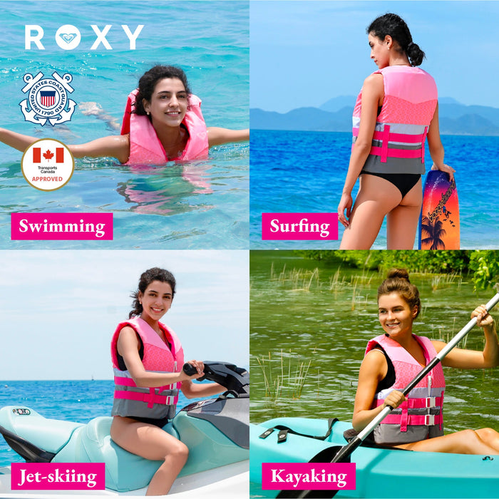 ROXY USCG Approved Women's Life Vest, Light-weight EPE Foam and Drain Holes with Two Quick Release Buckles, for Boating, Fishing & Kayaking