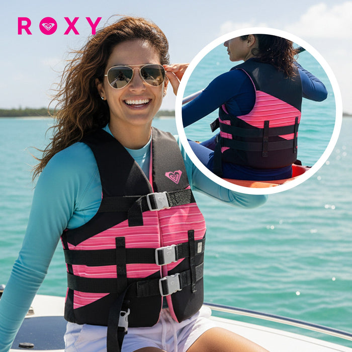 ROXY USCG Approved Women’s Life Vest, Light-Weight EPE Foam and Oversized Arm Holes, Three Belts with Quick-Release Buckles for Fishing and Boating