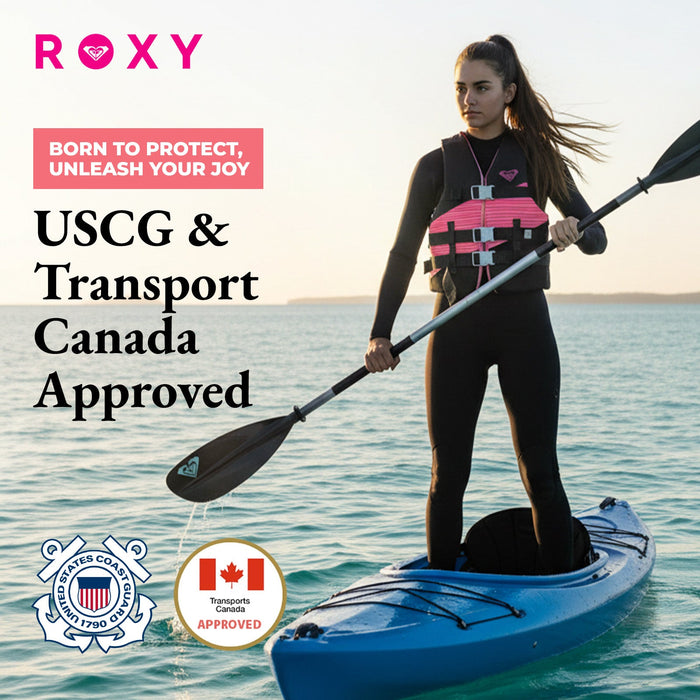 ROXY USCG Approved Women’s Life Vest, Light-Weight EPE Foam and Oversized Arm Holes, Three Belts with Quick-Release Buckles for Fishing and Boating