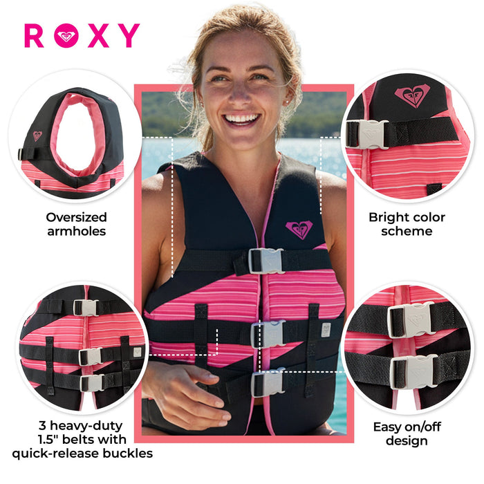 ROXY USCG Approved Women’s Life Vest, Light-Weight EPE Foam and Oversized Arm Holes, Three Belts with Quick-Release Buckles for Fishing and Boating