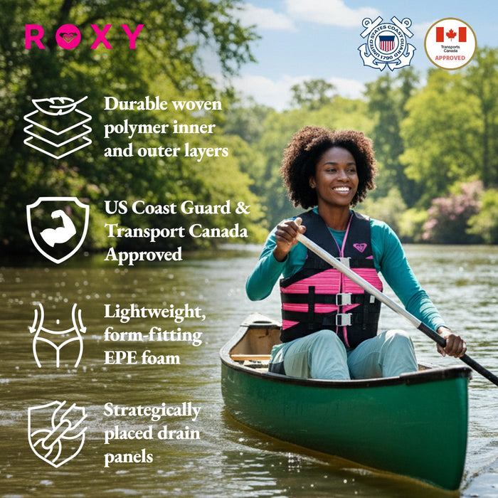 ROXY USCG Approved Women’s Life Vest, Light-Weight EPE Foam and Oversized Arm Holes, Three Belts with Quick-Release Buckles for Fishing and Boating