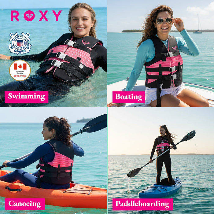 ROXY USCG Approved Women’s Life Vest, Light-Weight EPE Foam and Oversized Arm Holes, Three Belts with Quick-Release Buckles for Fishing and Boating