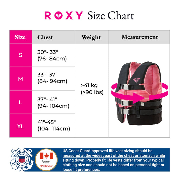 ROXY USCG Approved Women’s Life Vest, Light-Weight EPE Foam and Oversized Arm Holes, Three Belts with Quick-Release Buckles for Fishing and Boating