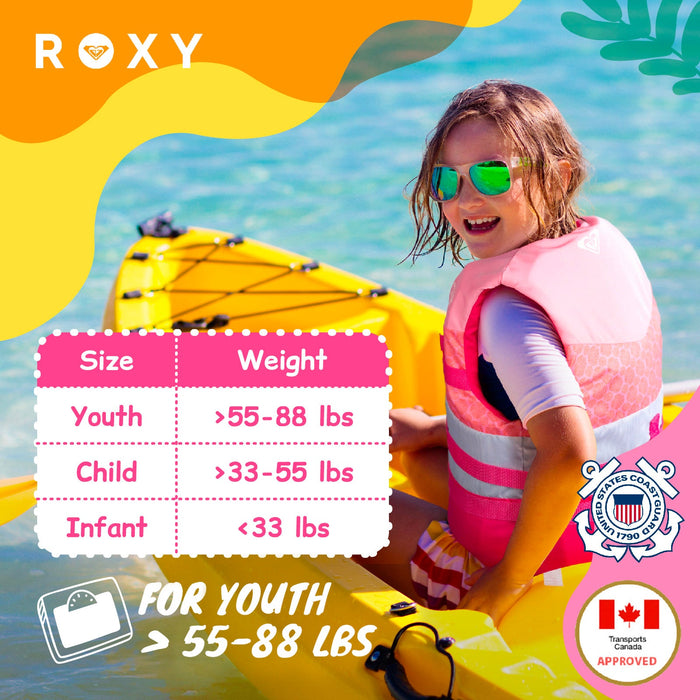 ROXY USCG Approved Teen & Youth Life Vest PFD, Light-Weight EPE Foam and Drain Holes, Three Belts with Quick-Release Buckles for Fishing, Boating & Kayaking