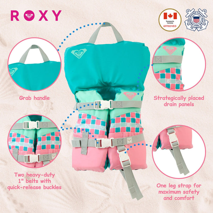 ROXY Infant Life Vest USCG Approved with Quick-Release Buckles & Leg Strap, Upright Flotation for Fishing, Boating & Kayaking